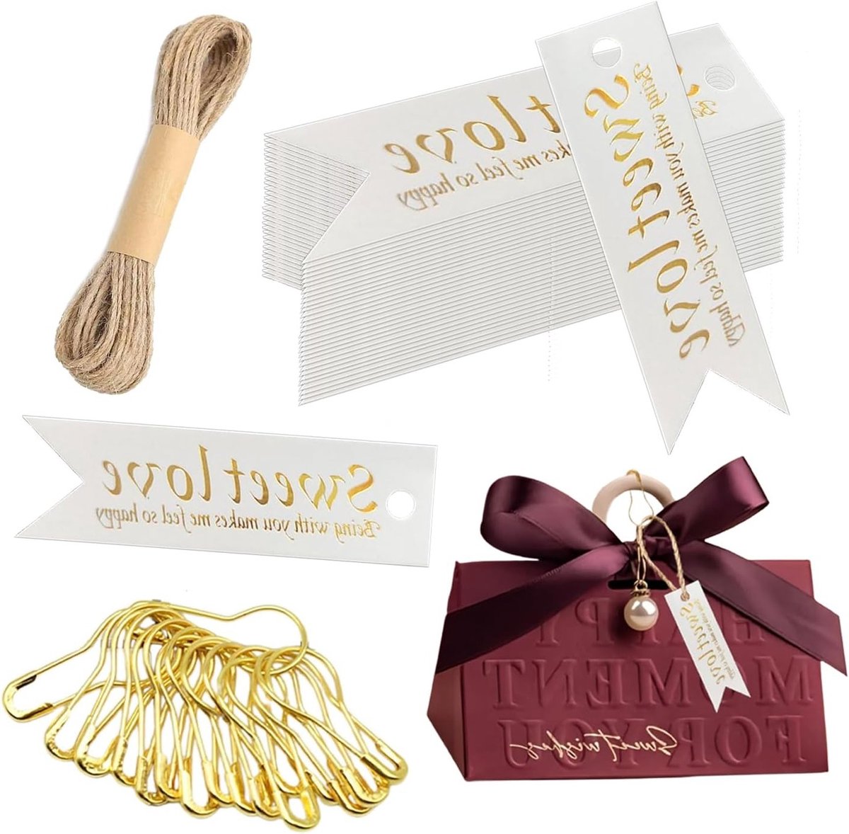 Set van 100 Cadeaulabels – Papieren Labels met Clips en Touw, Naamkaartjes voor Feesten, Bruiloften en Cadeauversiering – Kraft Karton, Blanco, 5 m Jute Touw