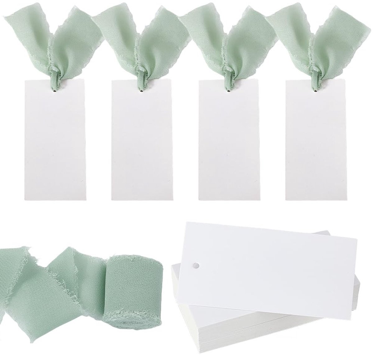 Dailygoods - 50 Stuks Kartonnen Labels met Groen Franjeslint - Cadeaulabels voor Bruiloft en Feest