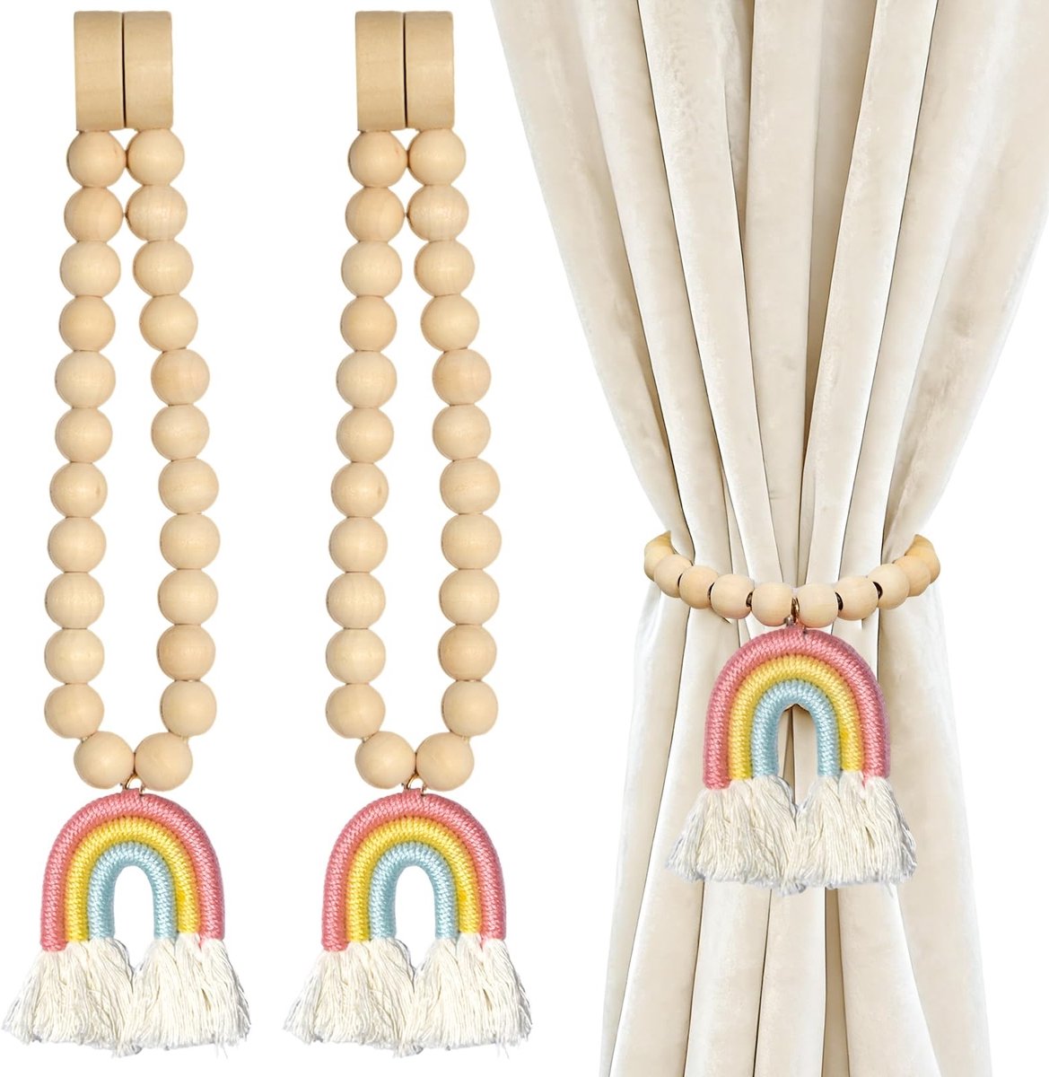 Dailygoods- Gordijnhouders Set van 2 - Magnetische Gordijnhouders - Gordijn Klemmen - Houten Kralen - Bohemienstijl - Slijtvast en Pluisbestendig - Gordijnklem