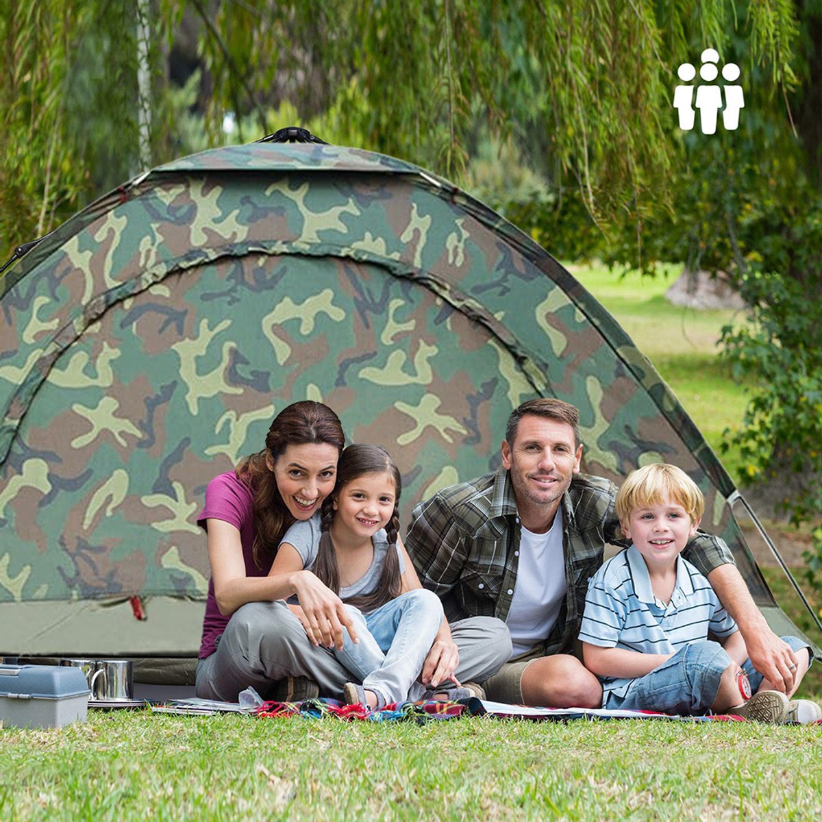 Camouflagetent - Twee personen - Camouflage - Inclusief accessoires: 4 tentharingen, 2 tentstokken, 1 opbergtas - Tent met één laag - 200 x 150 x 110 cm - Oxford-stof (niet waterdicht) – foto 5