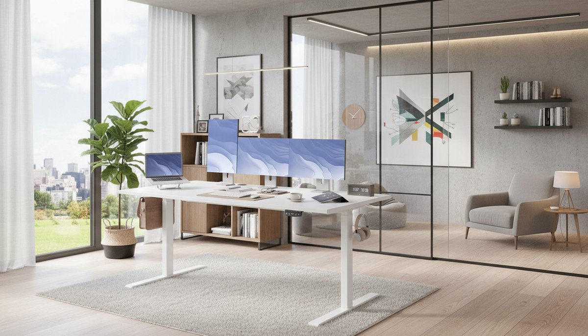 Elektrisch zit-sta bureau 180x80 cm – House&Garden – Dubbele motor, 2 motoren, ergonomisch hoogte verstelbaar bureau met memory presets, 25 mm massief eendelig tafelblad, USB-oplaadpoorten, kabelmanagement,modern wit