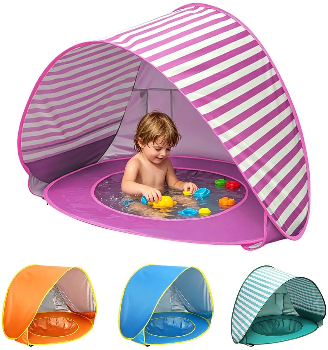 Dailygoods - Strandtent voor baby's, pop-up met mini-zwembad, strandtent voor baby's met uv-bescherming, draagbare strandschelp voor kinderen, zonwering, strandtent voor strand, tuin en reizen (roze strepen)