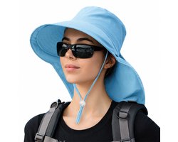 VHV Zonnehoed Dames & Heren - Opvouwbare Tuinhoed - Brede Rand met Nekflap - Met Kinband - Voor Outdoor & Tuinieren - 1 stuks - Blauw