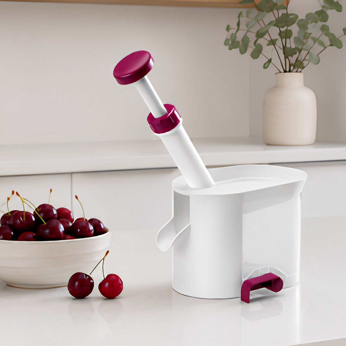 Metaltex - Kersenontpitter - Handige Ontpitter voor Verse Kersen - Met Zuignap en Opvangbak - Cherry