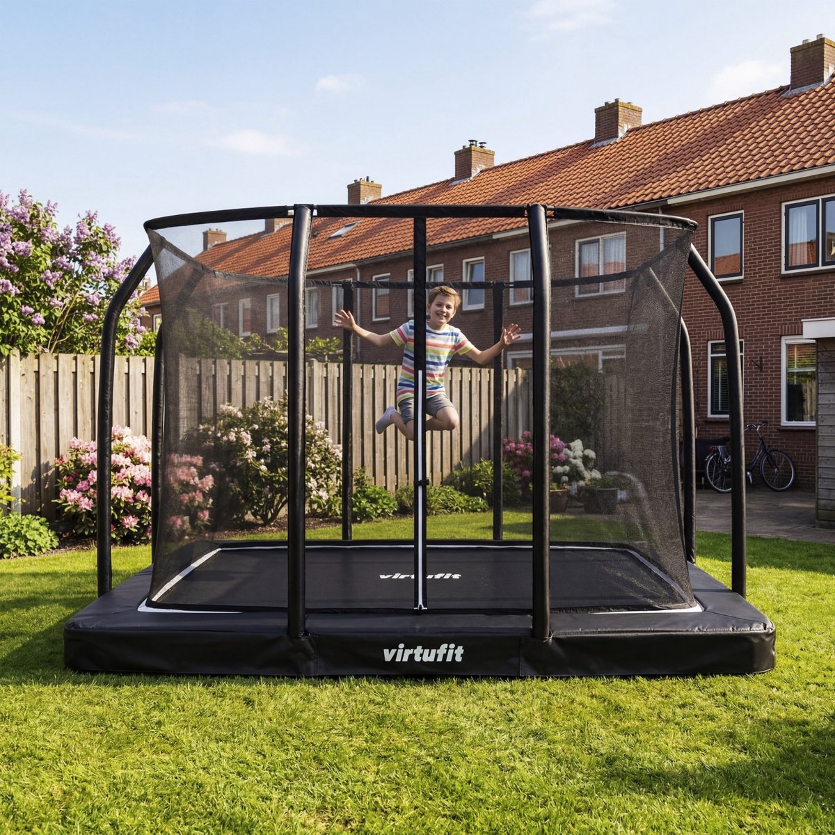 VirtuFit Inground / Inbouw Trampoline met Veiligheidsnet - 244 x 366 cm - Incl. Beschermrand - Extra Veilig - Water- en UV-bestendig - Max. 150 kg - Voor Kinderen en Volwassenen - Zwart — afbeelding 3