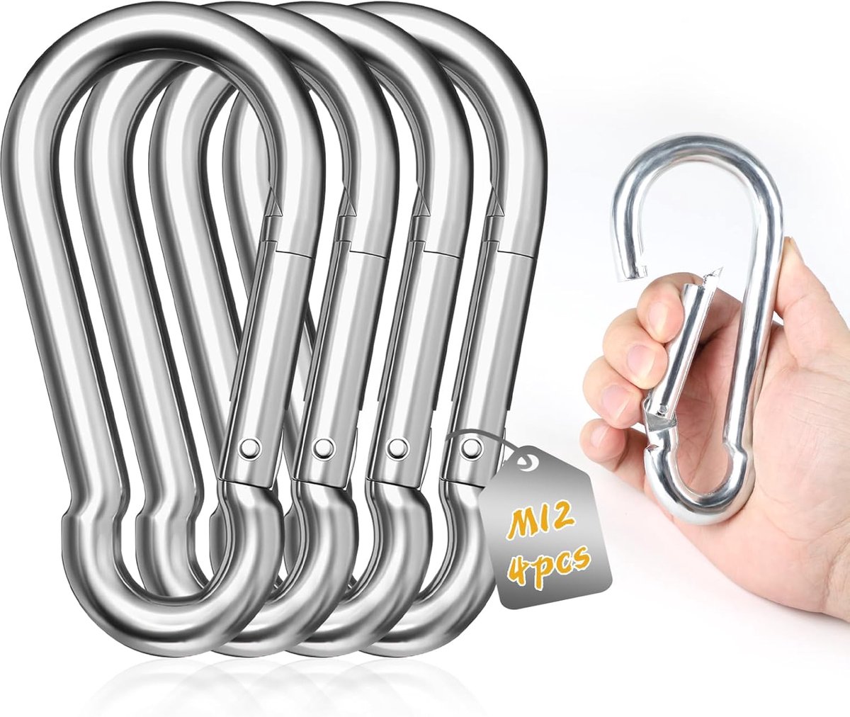 SnelShoppen - Carabiner Haken RVS 140mm x φ12mm Super Groot 4 Stuks M12 550kg Draagvermogen Camping, Tuin, Outdoor, Klimmen