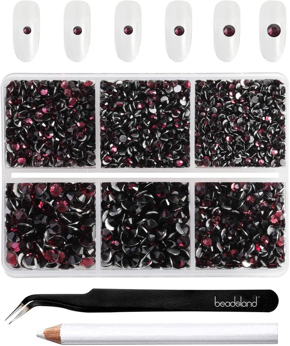 SnelShoppen - 4300pcs Flat Nail Rhinestones Set, Burgundy en Amethyst Ronde Kristal Strass Steentjes voor Nail Art, Mixed 6 Groottes met Pincet en Was
