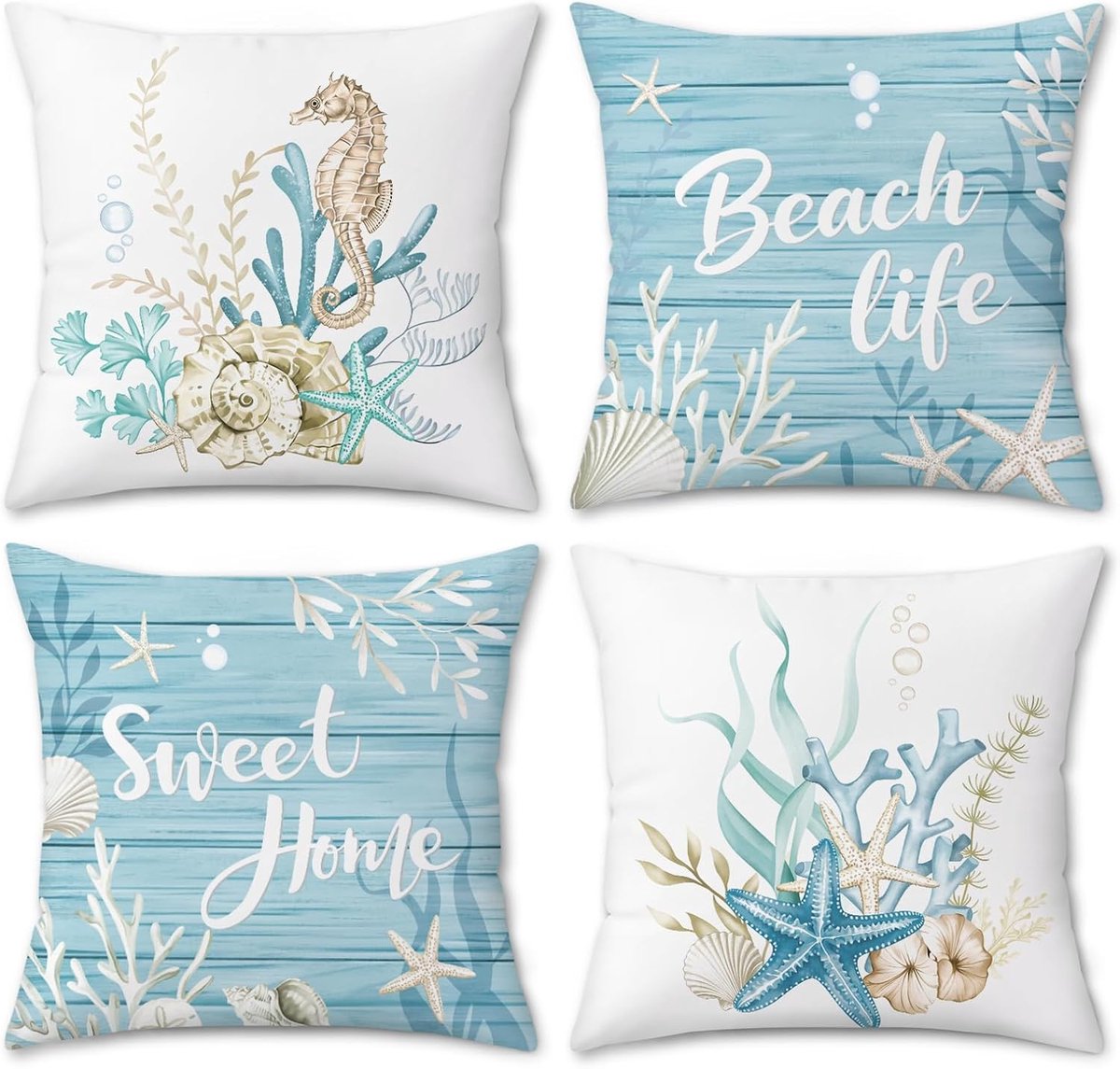 SnelShoppen - Kust Strand Sierkussenslopen Set van 4 - Zeepaardje, Zeester, Koraal en Schelpen - Fluwelen Kussenslopen 45 x 45 cm - Blauw voor Thuis,