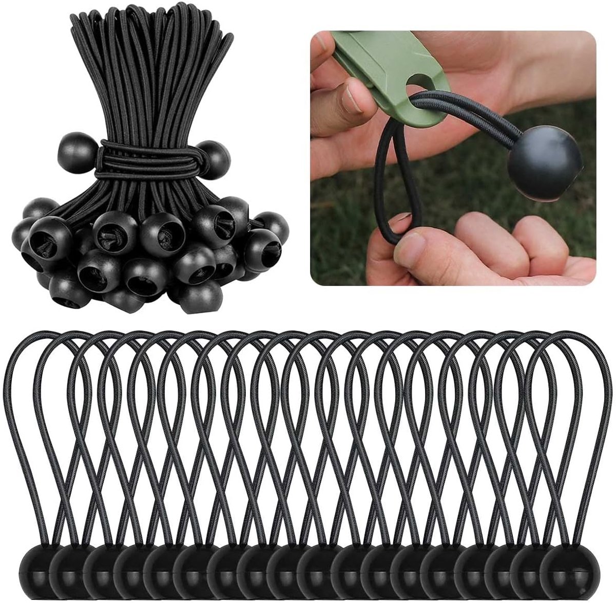 SnelShoppen - Pack van 50 Rubber Tensioners, Sterke Tent Rubbers met Bal voor Gazebo's, Zeilen en Buitenactiviteiten, Hoogwaardige Latex, Ideaal voor
