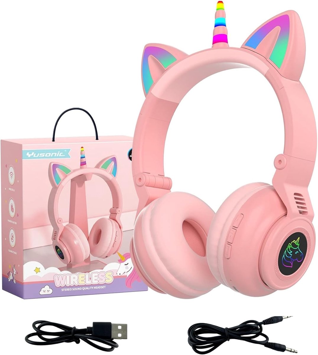 SnelShoppen - Unicorn Bluetooth Hoofdtelefoon, Draadloze Over-Ear Headset met LED Verlichting, Stereo Geluid, Microfoon - Roze voor Kinderen en Feeste