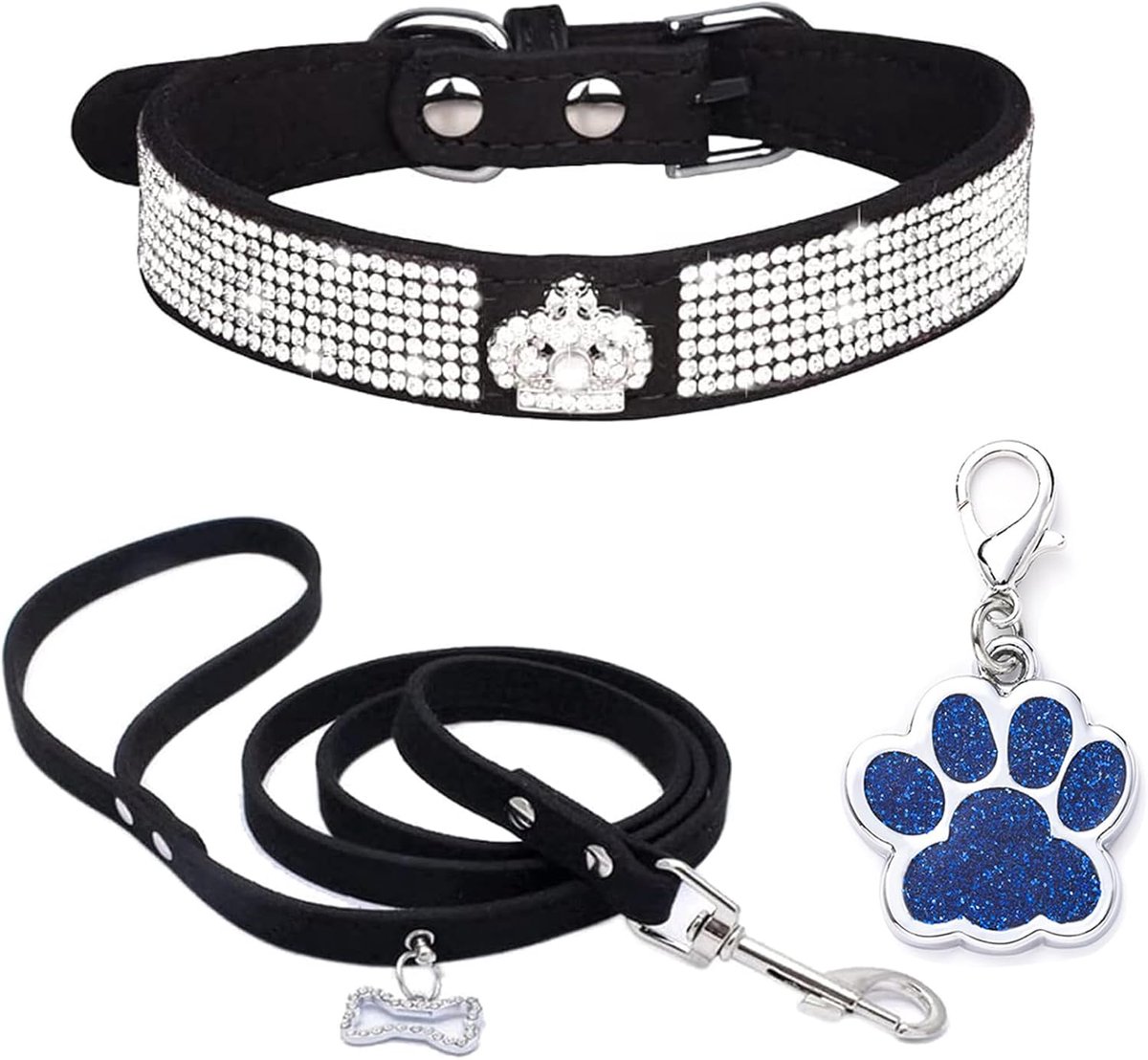 SnelShoppen - Rhinestone Soft Velvet Hondenhalsband en Leash Set - Luxe Diamant Studded Bling - Verstelbare Puppy Halsband voor Kleine en Middelgrote