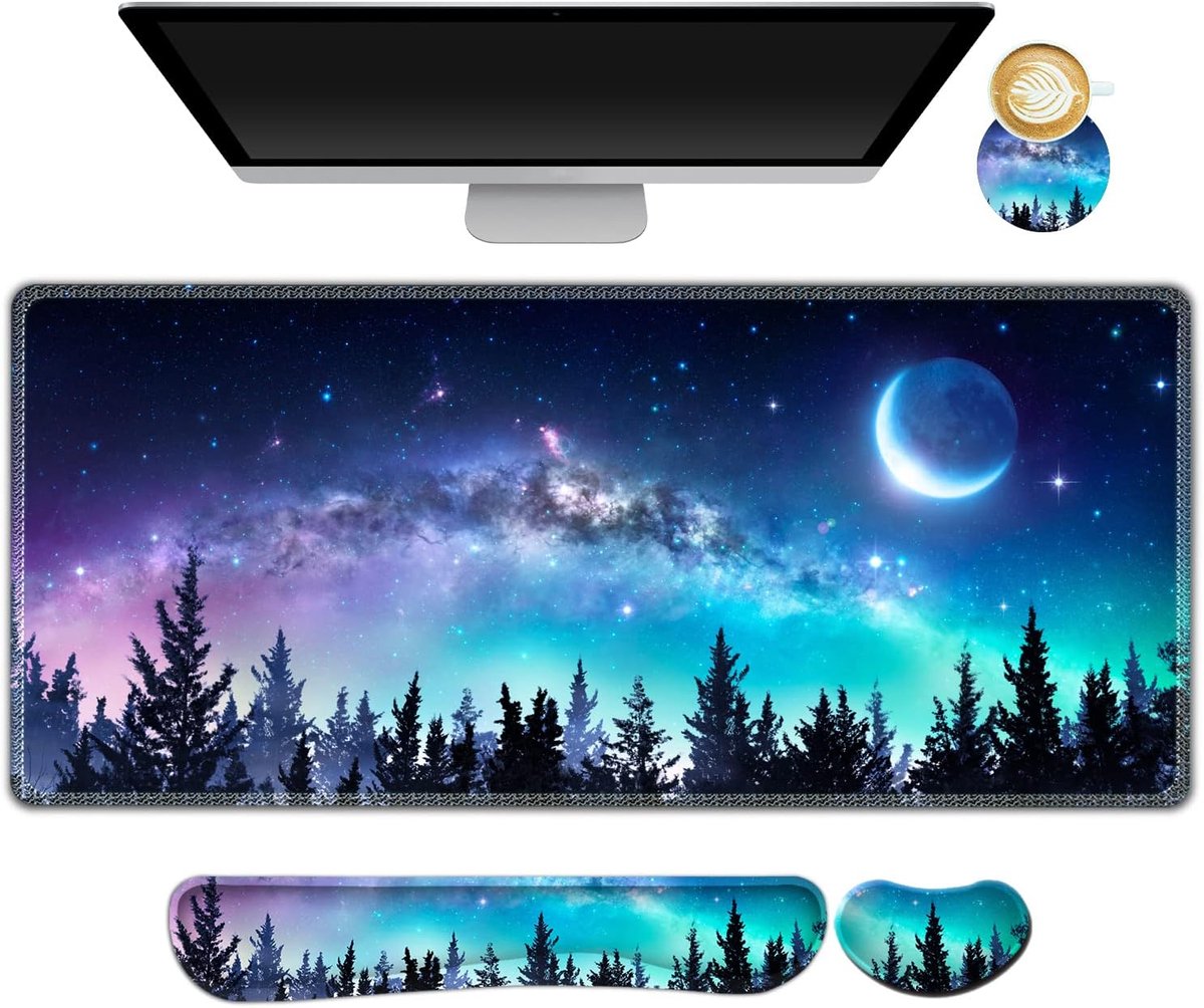 SnelShoppen - XXL Gaming Muismat Set met Toetsenbord Polssteun, Ergonomische Traagschuim Palmsteun, Onderzetter, 4-in-1 Desk Mat 35 x 39,9 cm Forest M