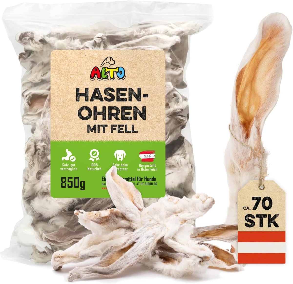 SnelShoppen - Premium konijnenoren met vacht voor honden, 850g natuurlijke hondensnacks, 100% natuurlijk, geschikt voor pups en volwassen honden