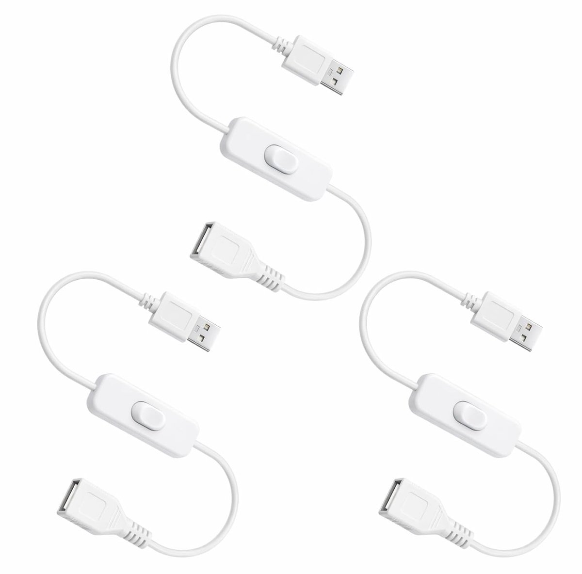 SnelShoppen - 3 Pack USB Switch Cables 0.3 m met On/Off Schakelaar, USB Timer voor Dash Cams, LED Desk Lamp, USB Fan, Strips (Wit)