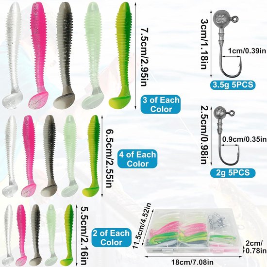 SnelShoppen - 45 Stuks Zacht Vishaak Aas + 10 Driehoekige Jigkoppen voor Spinvissen, 5,5 cm, 6,5 cm, 7,5 cm, Rubber Vishaak met Jigkop en Kunststof Do van Snelshoppen — afbeelding 5