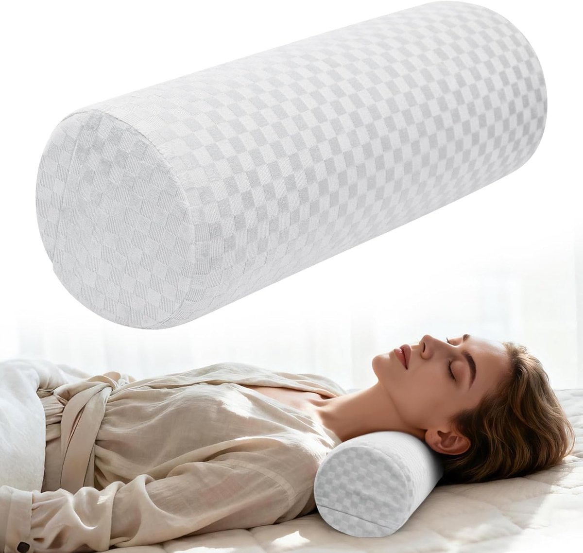 SnelShoppen - Ergonomisch Memory Foam Nekrol Kussen 15x40 cm, Wasbare Zijden Hoes, Rond Ondersteunend Kussen voor Bed, Kantoor en Reizen
