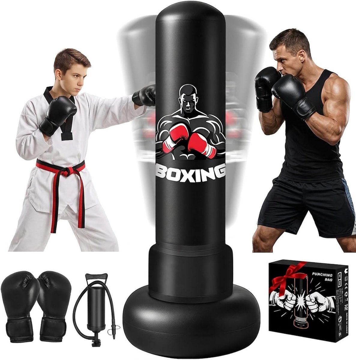 SnelShoppen - Vrijstaande Punching Bag voor Volwassenen - 180cm Opblaasbare Bokszak met Stand, Versterkt PVC, Inclusief Zwarte Bokshandschoenen en Luc