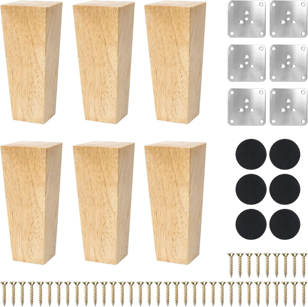SnelShoppen - 6 stuks 12 cm houten tafelpoten, massief houten meubelpoten, vierkante bankpoten, hoge drukbestendigheid, natuurlijk rubberhout, houtkle