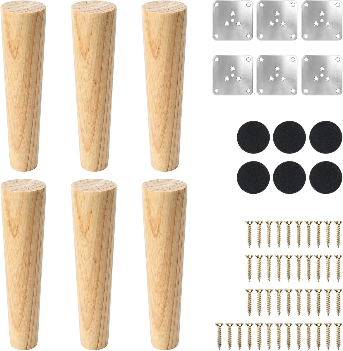 SnelShoppen - 6 Stuks Houten Meubelpoten 20 cm Conische Poten voor Bank, Fauteuil, Kast, Bed, Stoel - Vervangingspoten met Schroeven voor Doe-Het-Zelf
