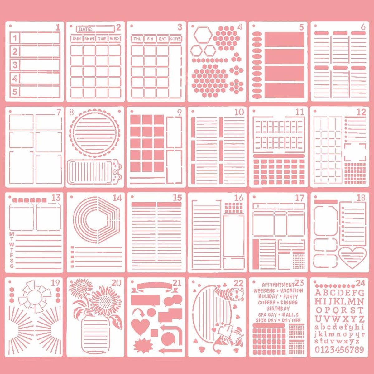 SnelShoppen - Pack van 24 Herbruikbare Teken Sjablonen Bullet Sjablonen voor Notitieboek, Journal, Scrapbook, DIY Fotoalbum Decoratie - Plastic, Creat