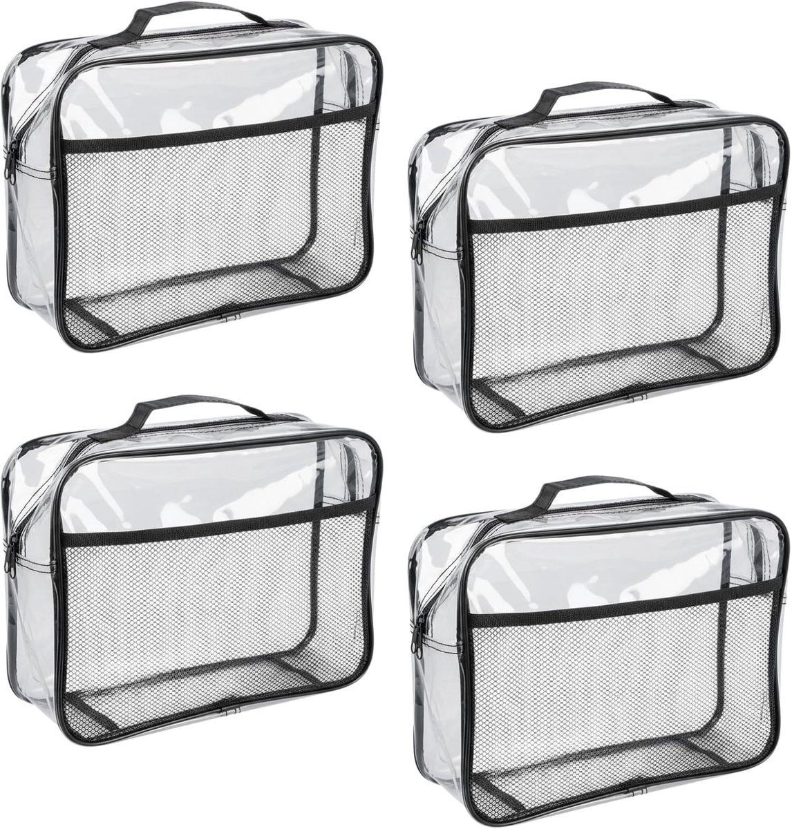 SnelShoppen - Set van 4 Transparante Cosmetica Tassen 31x25.5x4.5 cm - Grote Waterdichte PVC Reistassen met Rits en Mesh Vakken voor Make-up, Toiletar