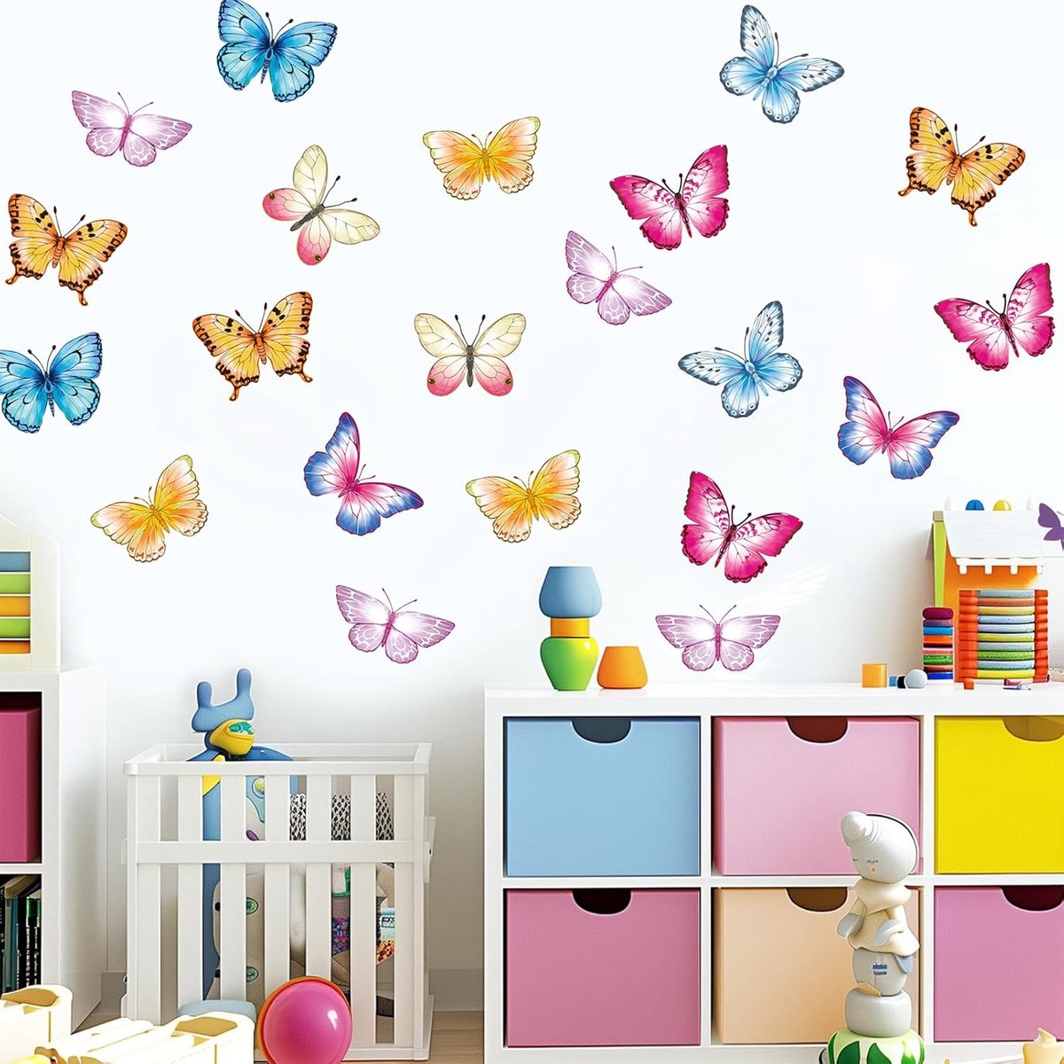 SnelShoppen - 32 stuks 3D-vlinders Muurstickers Kinderen - Kleurrijke Decoratieve Zelfklevende Wanddecoratie voor Meisjes - Aquarelstijl Vlindermuurst