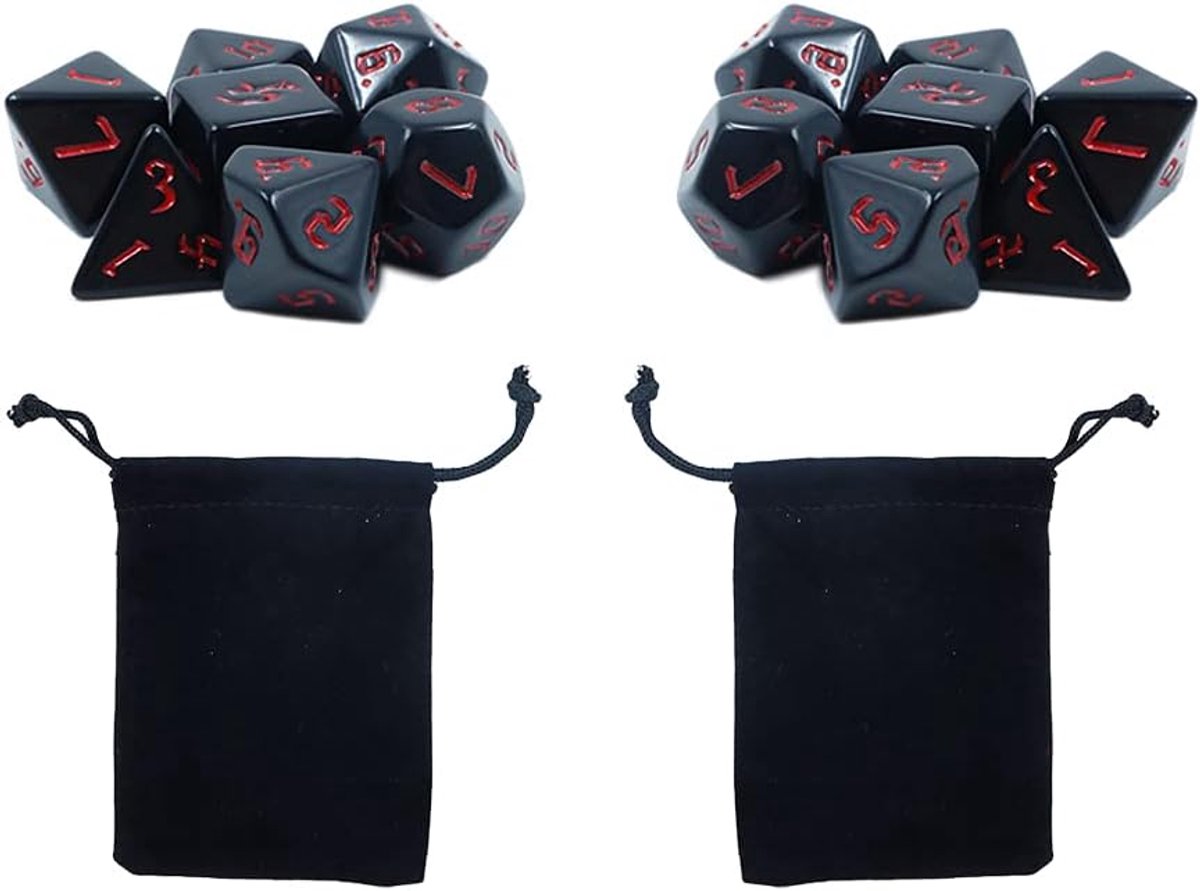 SnelShoppen - 2 Sets Zwarte Polyeder Dobbelstenen 7-Dice Set voor Dungeons and Dragons DND - 14 Stuks met Rode Patroon, Duurzaam Materiaal, Perfect vo