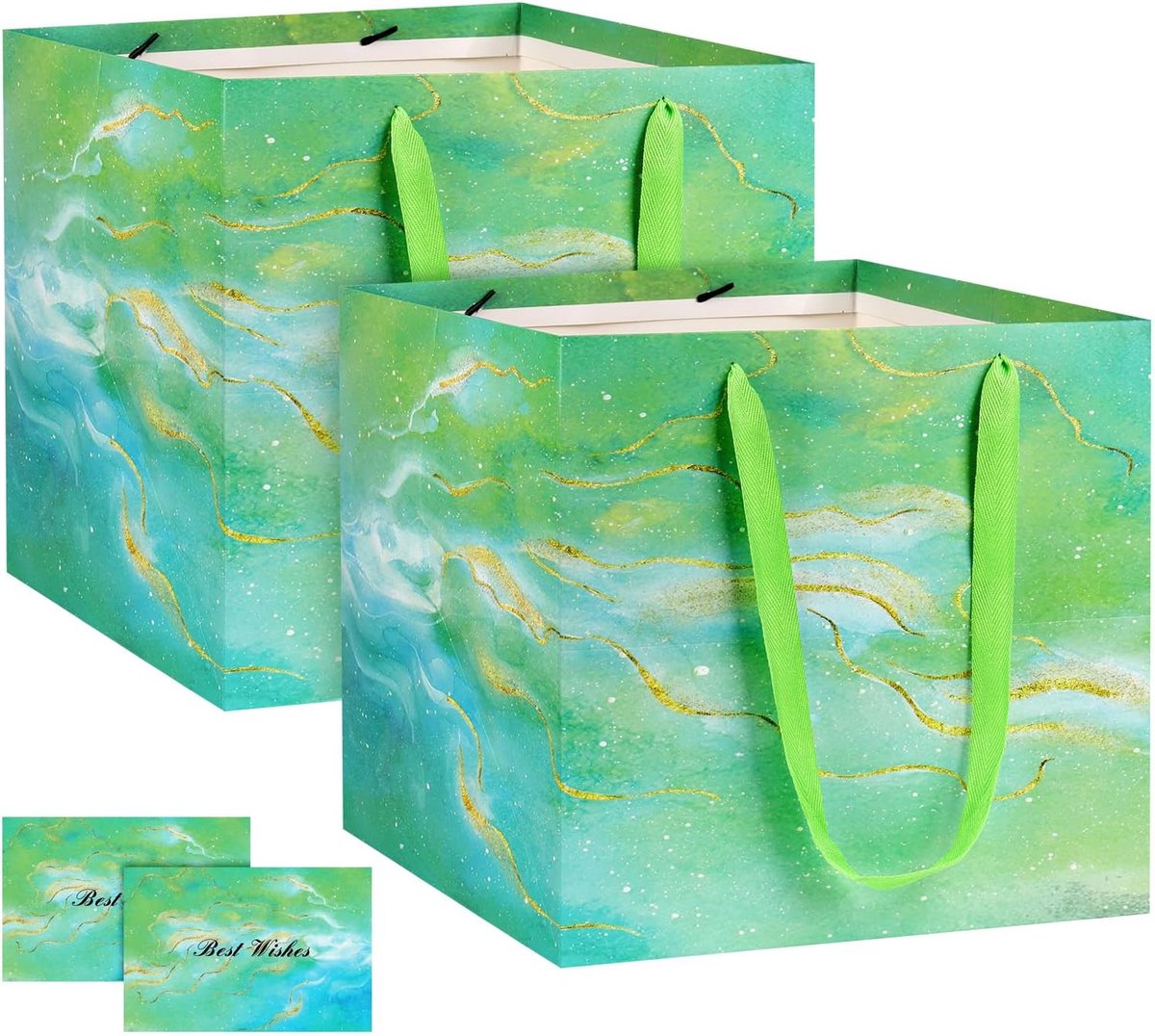 SnelShoppen - 2 Grote Cadeautassen Groen 30x30x30 cm - Vierkante Papieren Feesttas met Handvatten voor Bruiloft, Kerst, Sinterklaas, Taart, Bloemen en