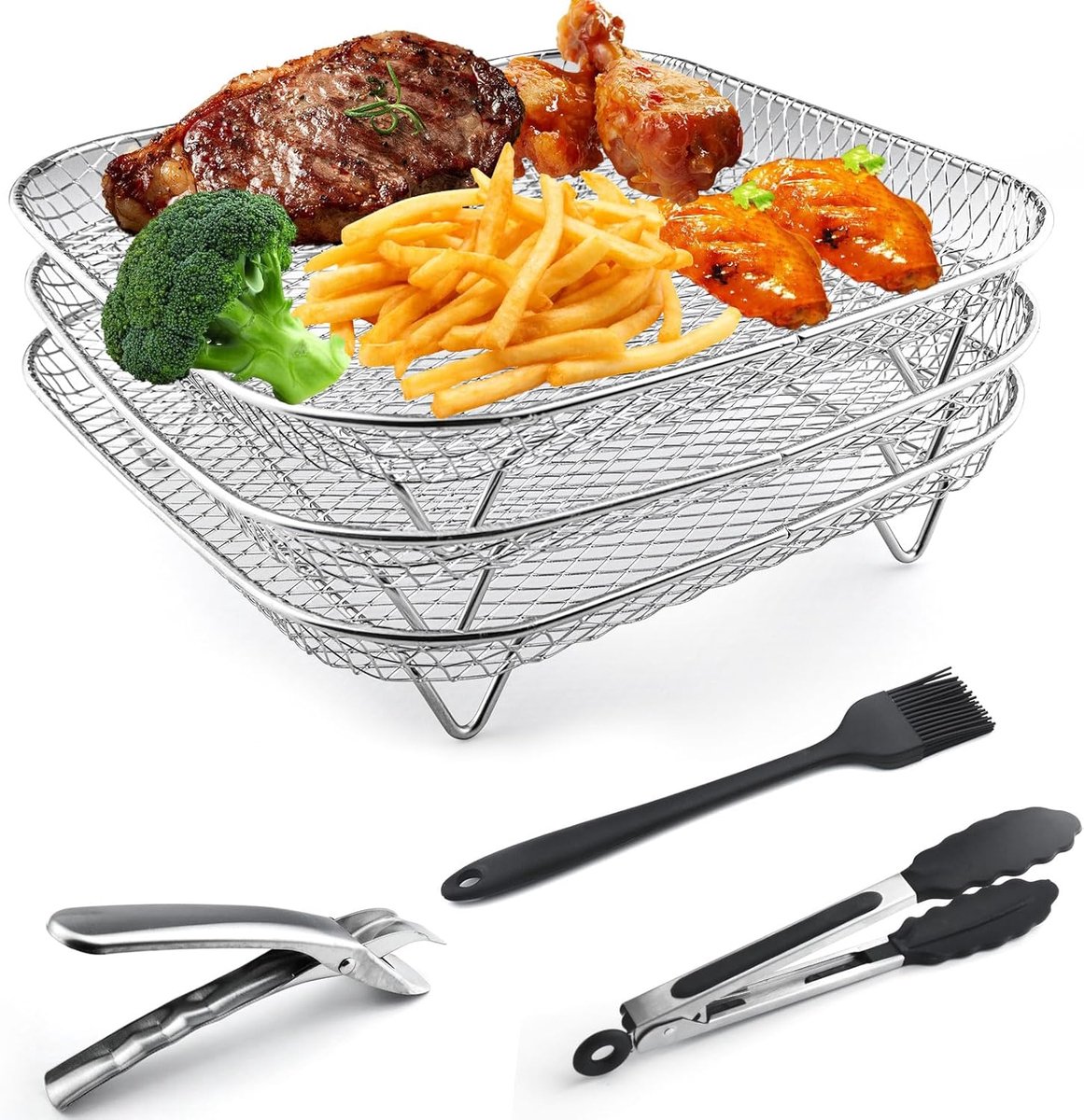 SnelShoppen Air Fryer Rack 3 Laags Stapelbaar Rvs 304 Gezonde Snacks Dehydrator Racks met Tangen en Borstel Voor Oven Magnetron Bakken en Roos
