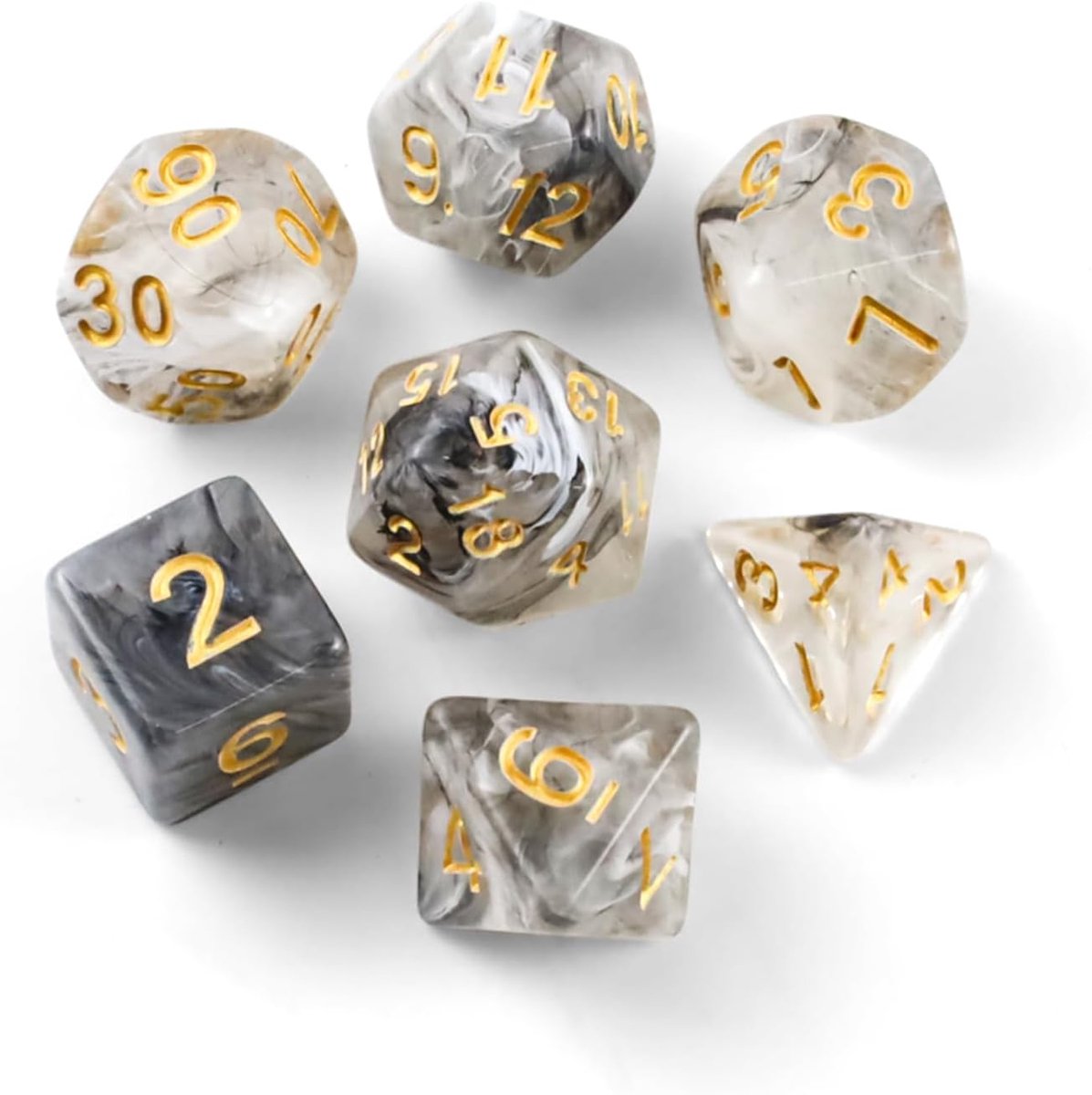 SnelShoppen - DND Dobbelstenen Set 7 Stuks Polyhedrale Dice voor Dungeons and Dragons, RPG, Rollenspel, D4 D6 D8 D10 D12 D20 D% (Zwart Wit met Gouden