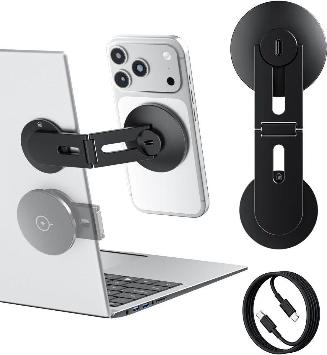 SnelShoppen - Magnetische telefoon- en laptopstandaard met draadloos opladen 15W, opvouwbaar, compatibel met MagSafe voor iPhone 17/16/15/14/13/12, zw