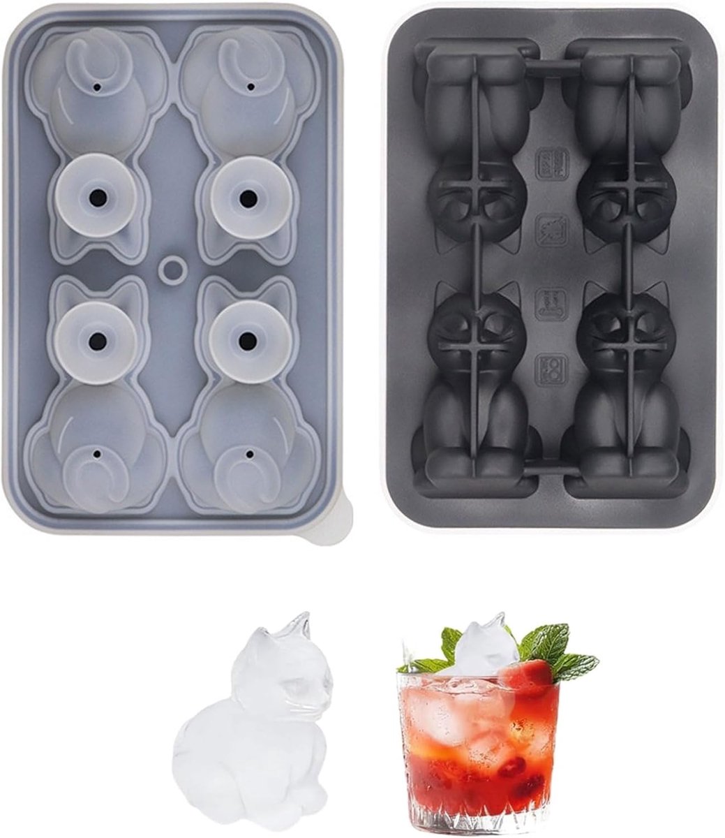 SnelShoppen - Ice Cat IJsblokjesvorm, 3D Kat Vorm Moulds voor Whisky, Bourbon, Cocktails, Groot 4-Holes Design, Schattige Katten Decoratie voor Feest
