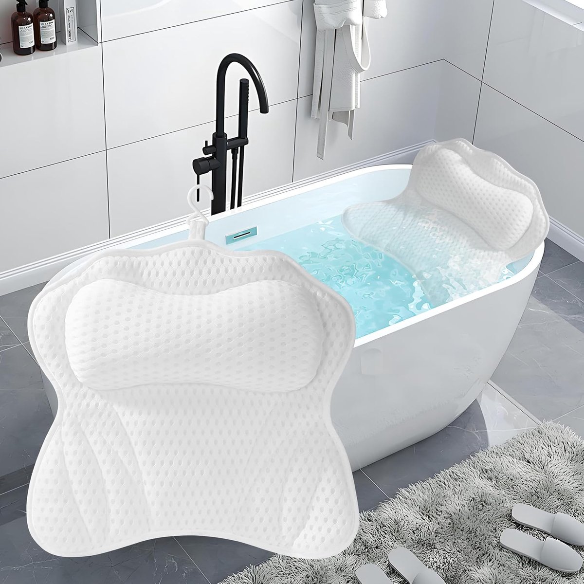 SnelShoppen - Non-Slip Badkussen met 4D Air Mesh Technologie en 6 Zuigkoppen - Hoofd, Nek en Schouder Ondersteuning voor Spa Bad - Wit