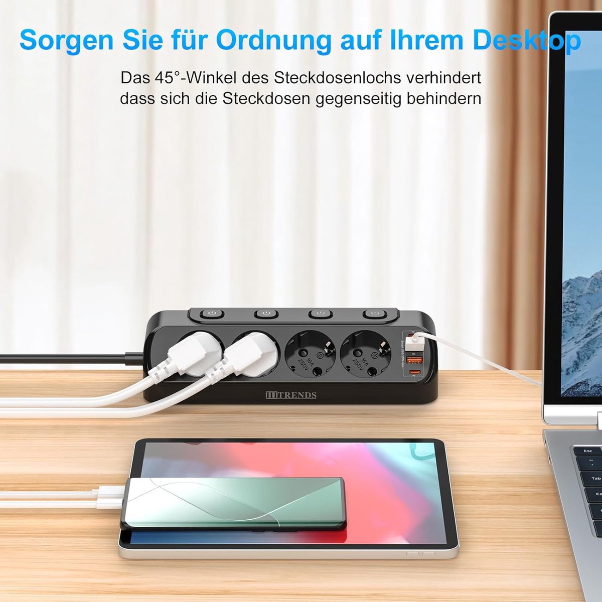 SnelShoppen - Hoekstopcontact met USB, 4-voudige Stekkerdoos met Schakelaar, 8-in-1 Stekkerverdeler met 2 USB en 2 Type-C, Platte Stekker met 2 m Kabe