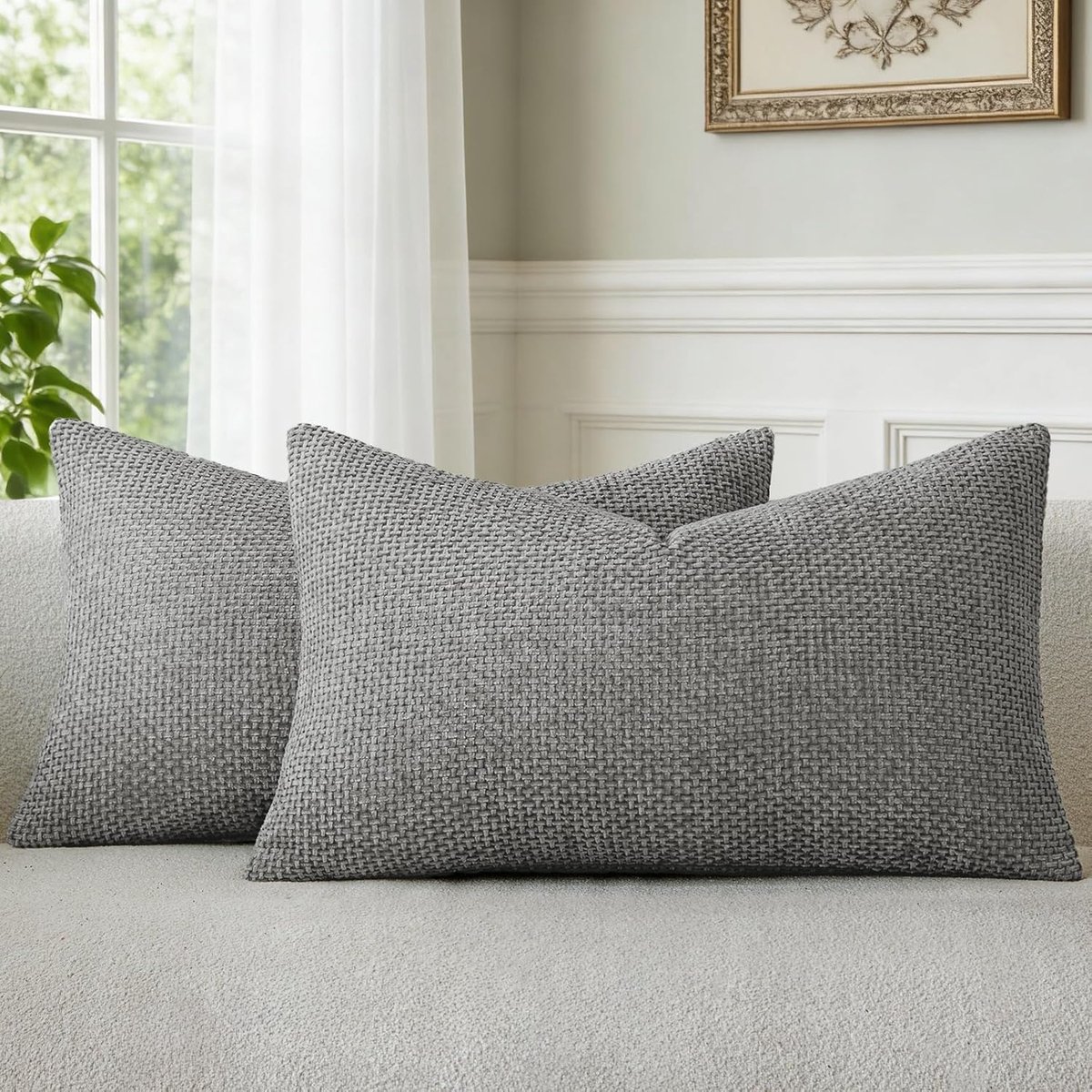 SnelShoppen - Chenille Kussenhoezen Grijs 30 x 50 cm Set van 2 Zacht Fluffy Decoratieve Kussenslopen met Verborgen Rits Wasbaar voor Bank Woonkamer Sl