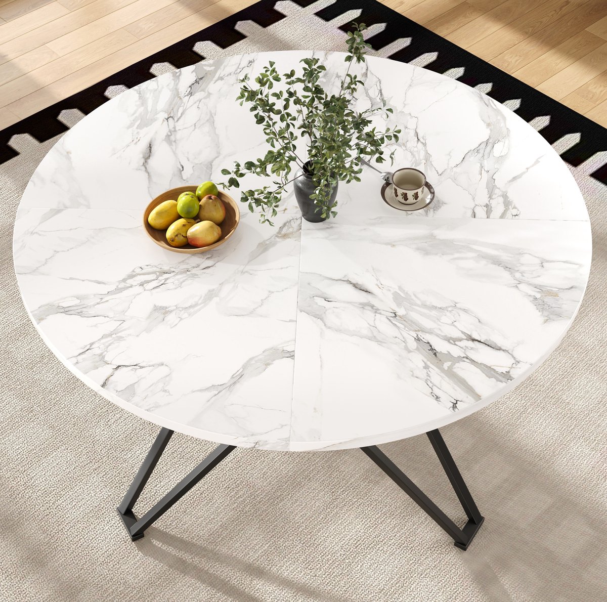 COVREO Ronde eettafel 100x100x76 cm - zwart, MDF met marmerlook fineer, metalen onderstel voor 4 personen