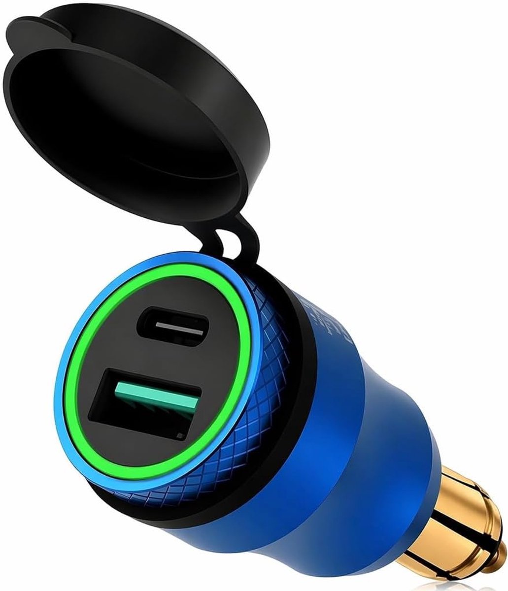 SnelShoppen - 30 W USB-stekker voor motorfiets, waterdichte DIN-adapter van aluminium met dubbele poort type C en USB A, snel opladen voor mobiele tel