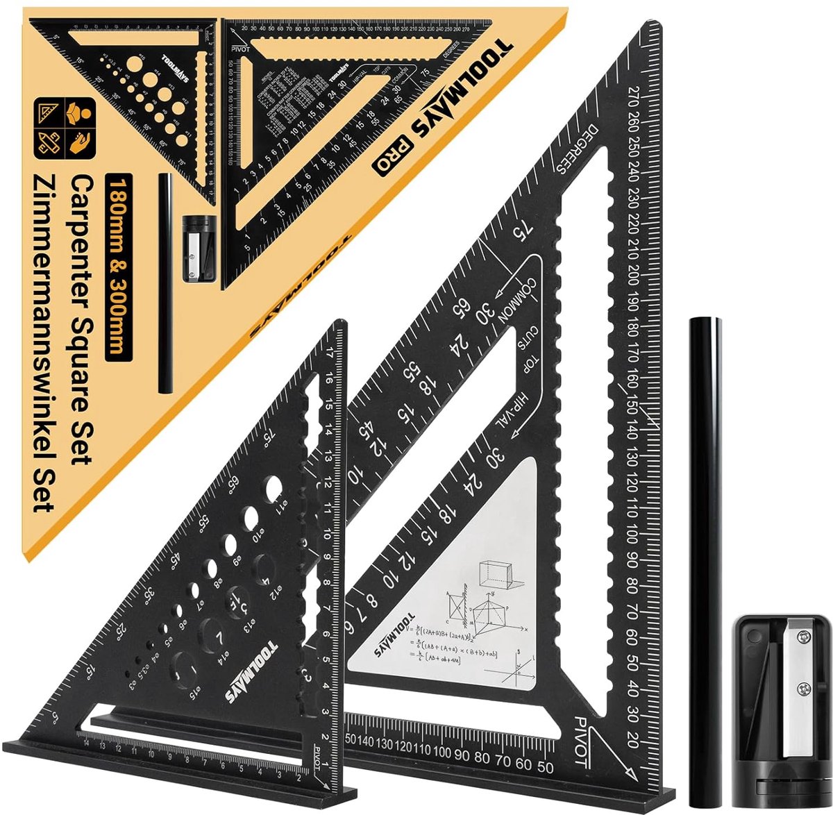 SnelShoppen - Triangle Set 180mm & 300mm Timmermanshoekset, Erasable Notitievlak, Potloodset met Slijper voor Timmerman, Dakdekker, Ingenieur