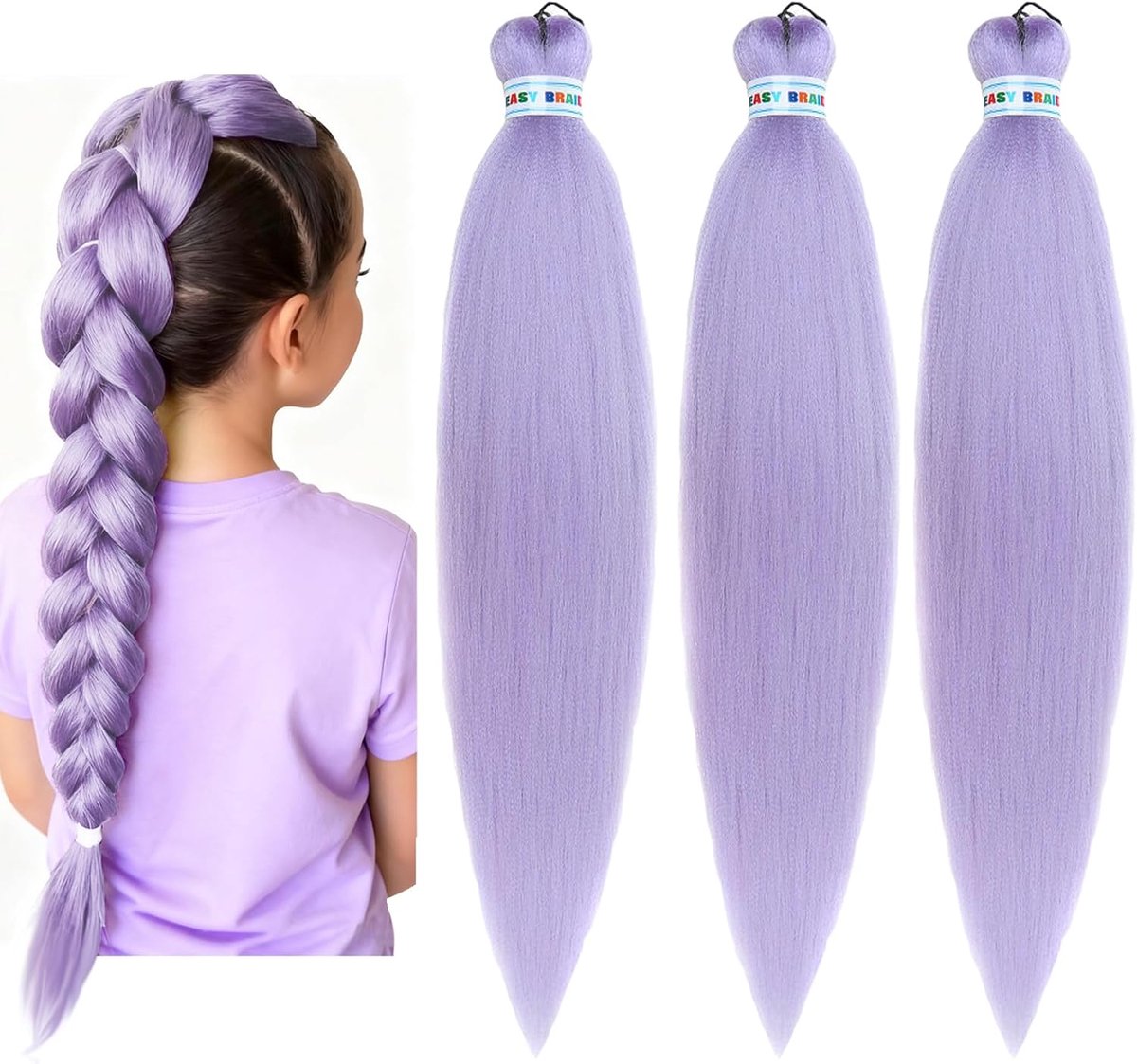 SnelShoppen - 3PCS Paars Vlecht Haar 68cm Lang Ponytail Haar Synthetisch voor Vlecht Extensions Cosplay Feest Licht Lilac