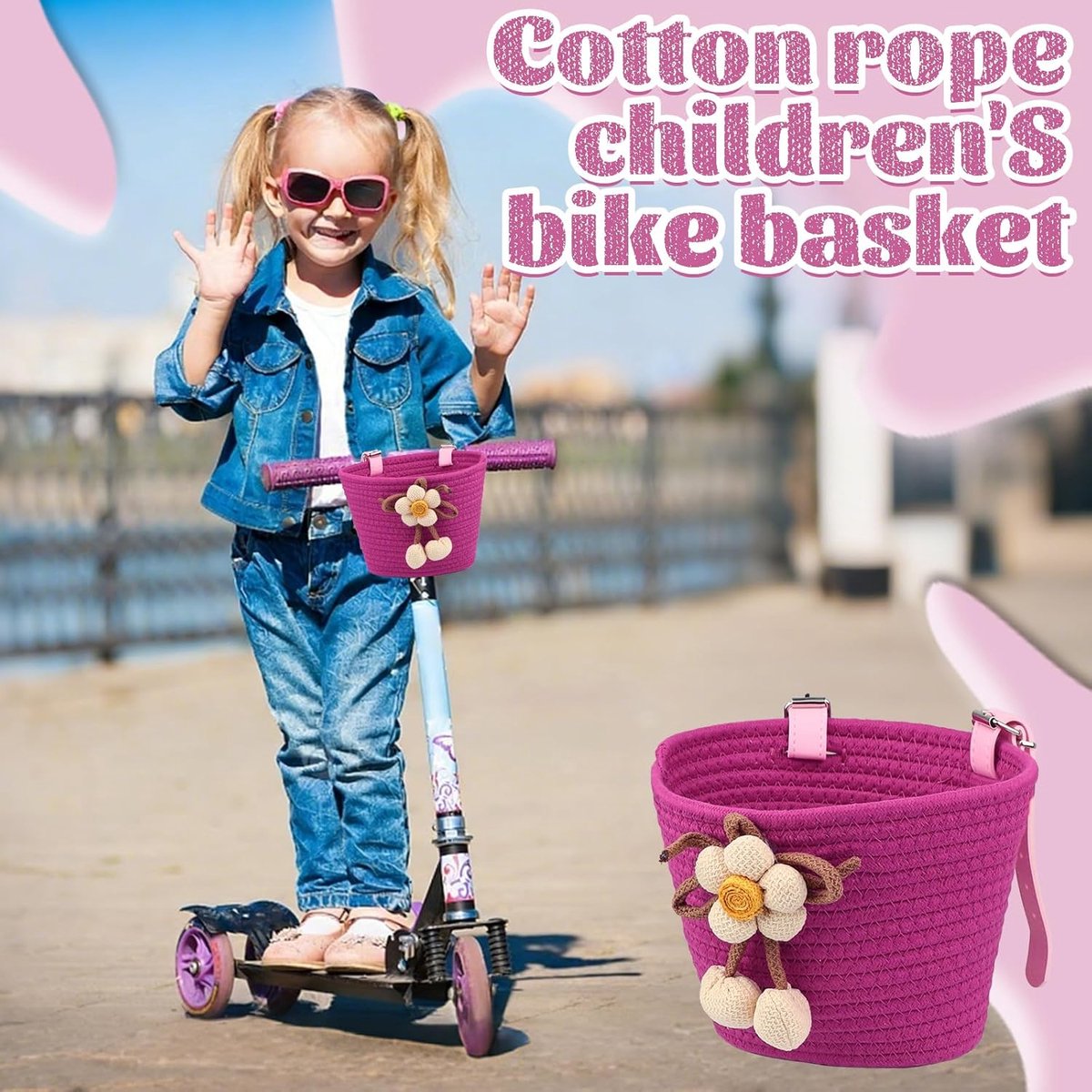 SnelShoppen - MEGHNA Kleine Fietmand - Extra Grote Voorzijde Mand - Milieuvriendelijk Woven Materiaal - Kleurige Bloemdecoratie - Ideaal voor Speelgoe