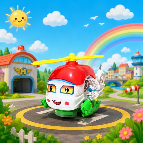 Speelgoedhelikopter op een landingsplatform met gezicht, gele rotorbladen, rode kap, groene onderkant. In een cartooneske buitenomgeving met een regenboog.