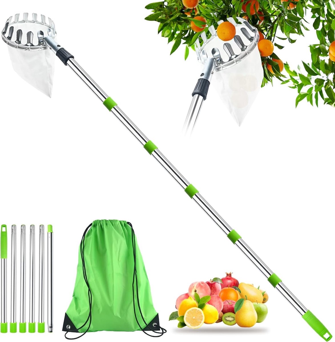 Telescopische Fruitplukker voor Kersen, Lichtgewicht RVS, 2.6m Hoogte, Ideaal voor Fruitplukken, Handige Plukhulp met Diameter van 16 cm