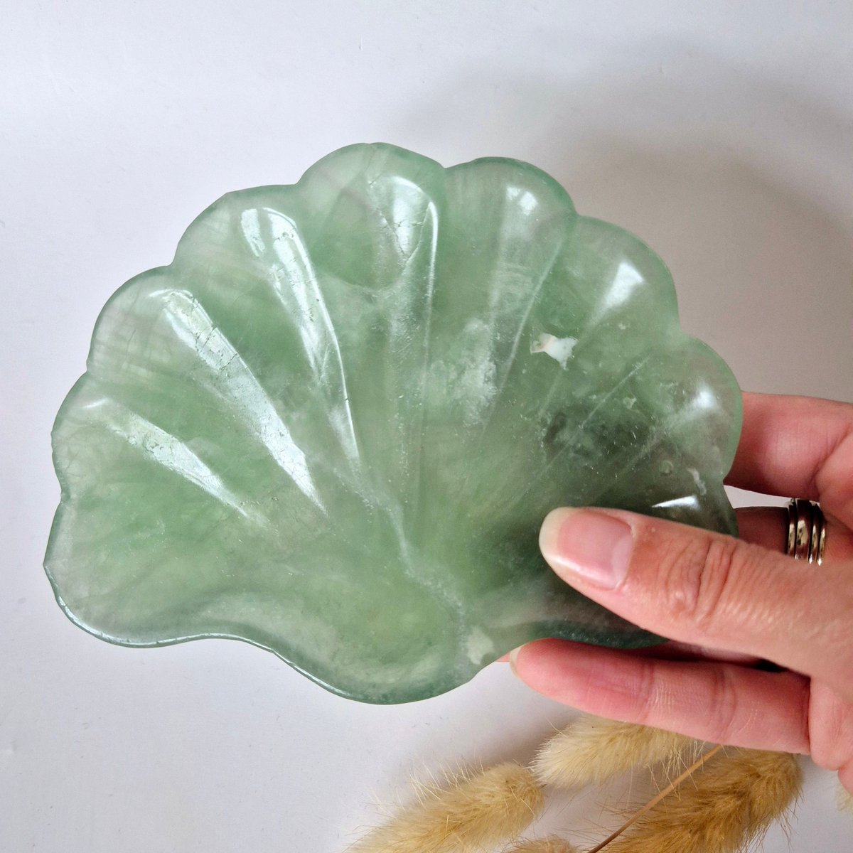 Edelsteen Carving Schaal Schelpvorm Groene Fluoriet #28 - Uniek Cadeau