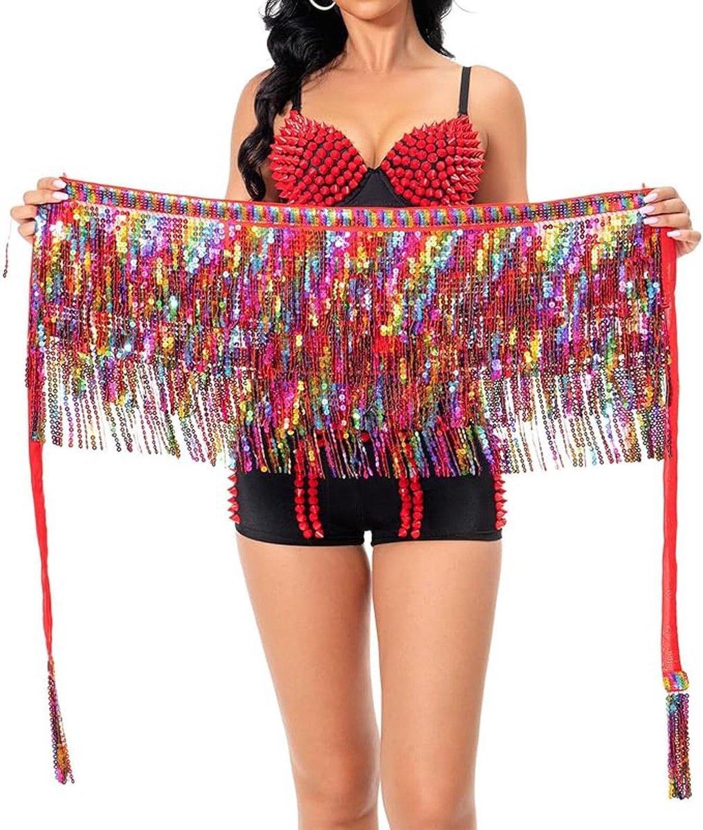 Glitterende Franje Rok voor Vrouwen, 4 Laags Wrap Rok met Regenboog Kwastjes voor Festivals, Dans en Rave Feesten