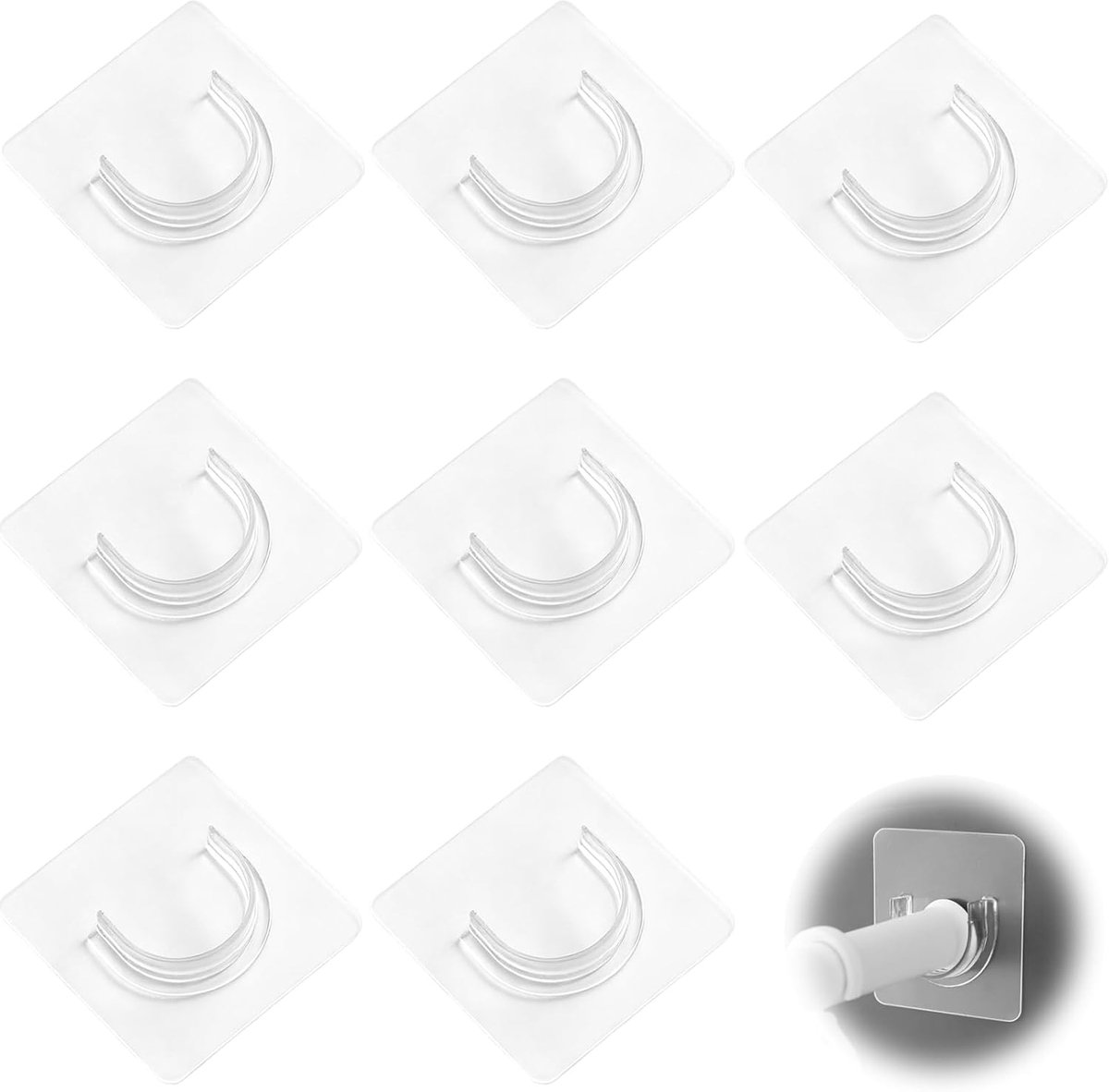 SnelShoppen - Pack van 8 Douchegordijnhouders, Zelfklevend, Geen Boren, Eenvoudige Installatie, Wandgemonteerd, Universeel voor Douchestangen, Wit/Tra
