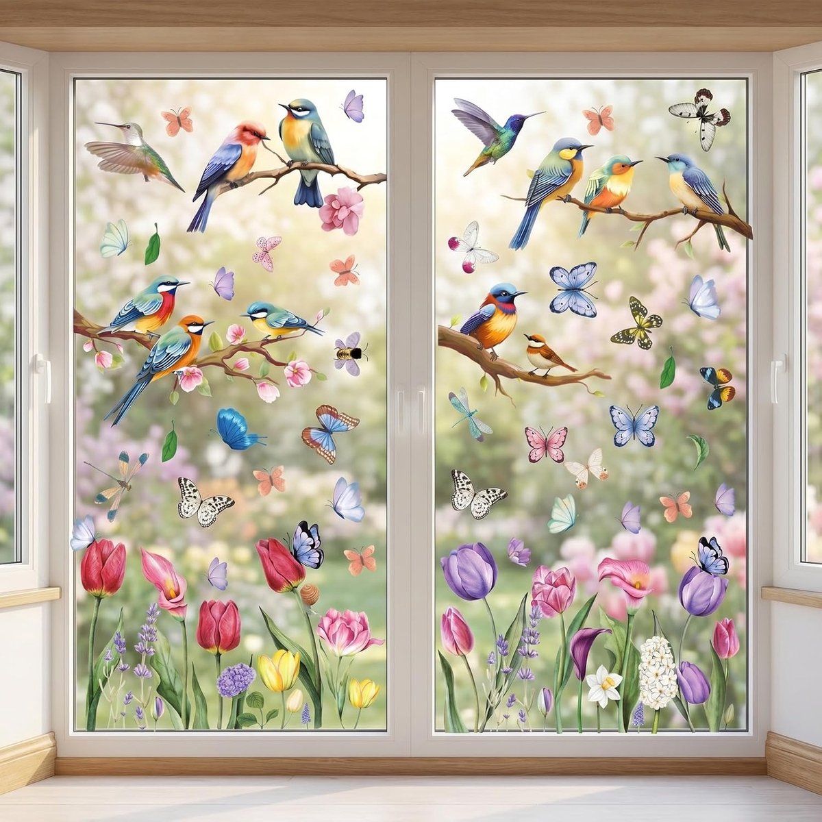 SnelShoppen - 9 vellen herbruikbare lenteraamstickers 30x20 cm met tulpen, vlinders, vogels en bloemen voor ramen, slaapkamer, muur en kantoordecorati