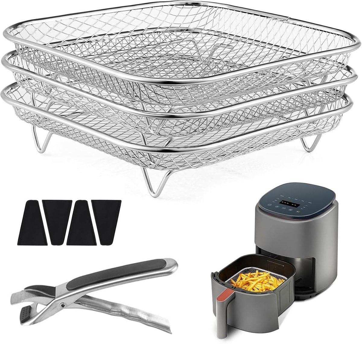 SnelShoppen - Air Fryer Grill Rooster Set van 8 Stuks - Stapelbare Friteuse Roosters 20,5 x 20,5 x 4,5 cm - Roestvrij Staal met Siliconen Clips - Gesc