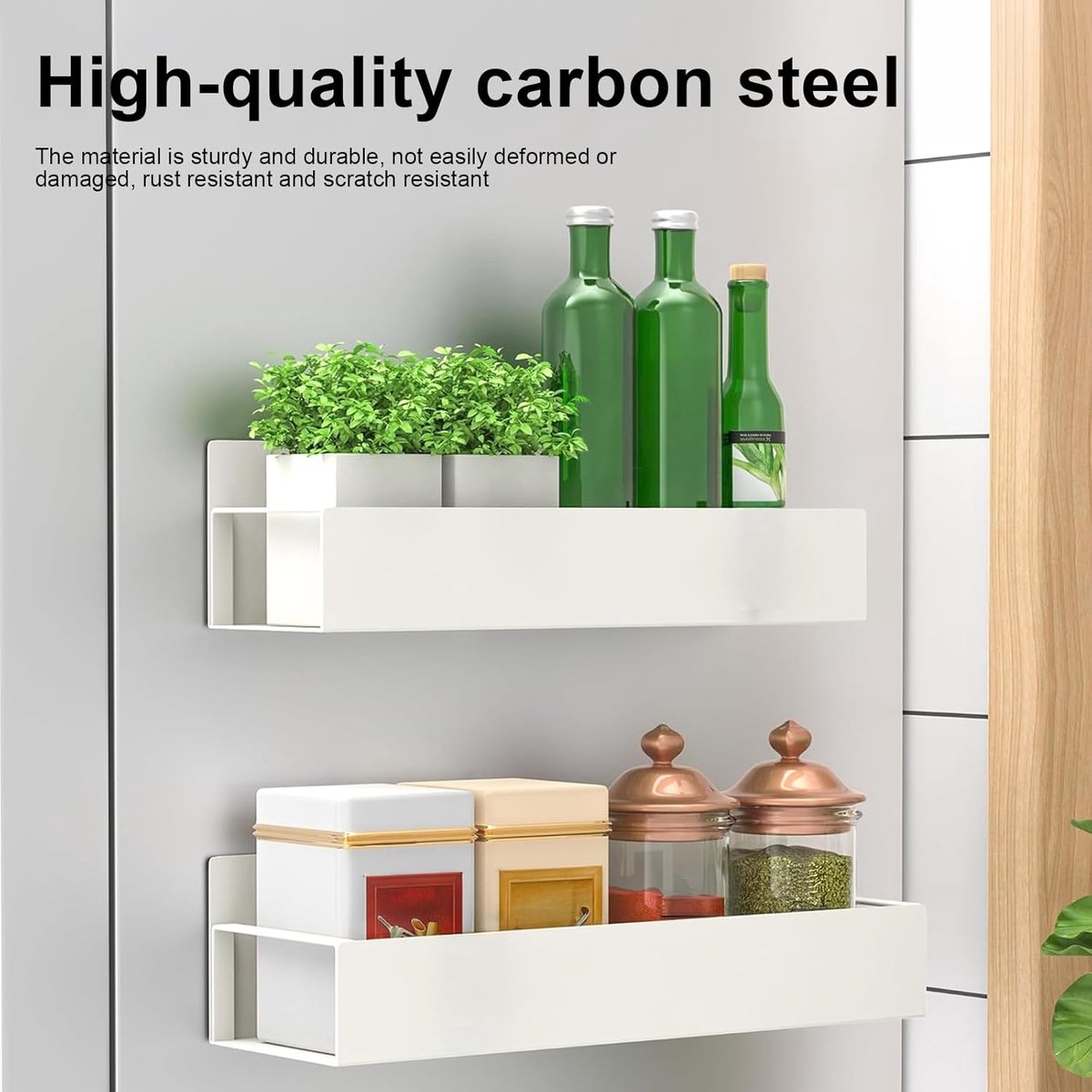 SnelShoppen - 2 Pcs Magnetische Planken voor Koelkast, Ruimtebesparende Kruidrek zonder Boren met 4 Haken, Witte Magnetische Planken voor Keuken, Badk