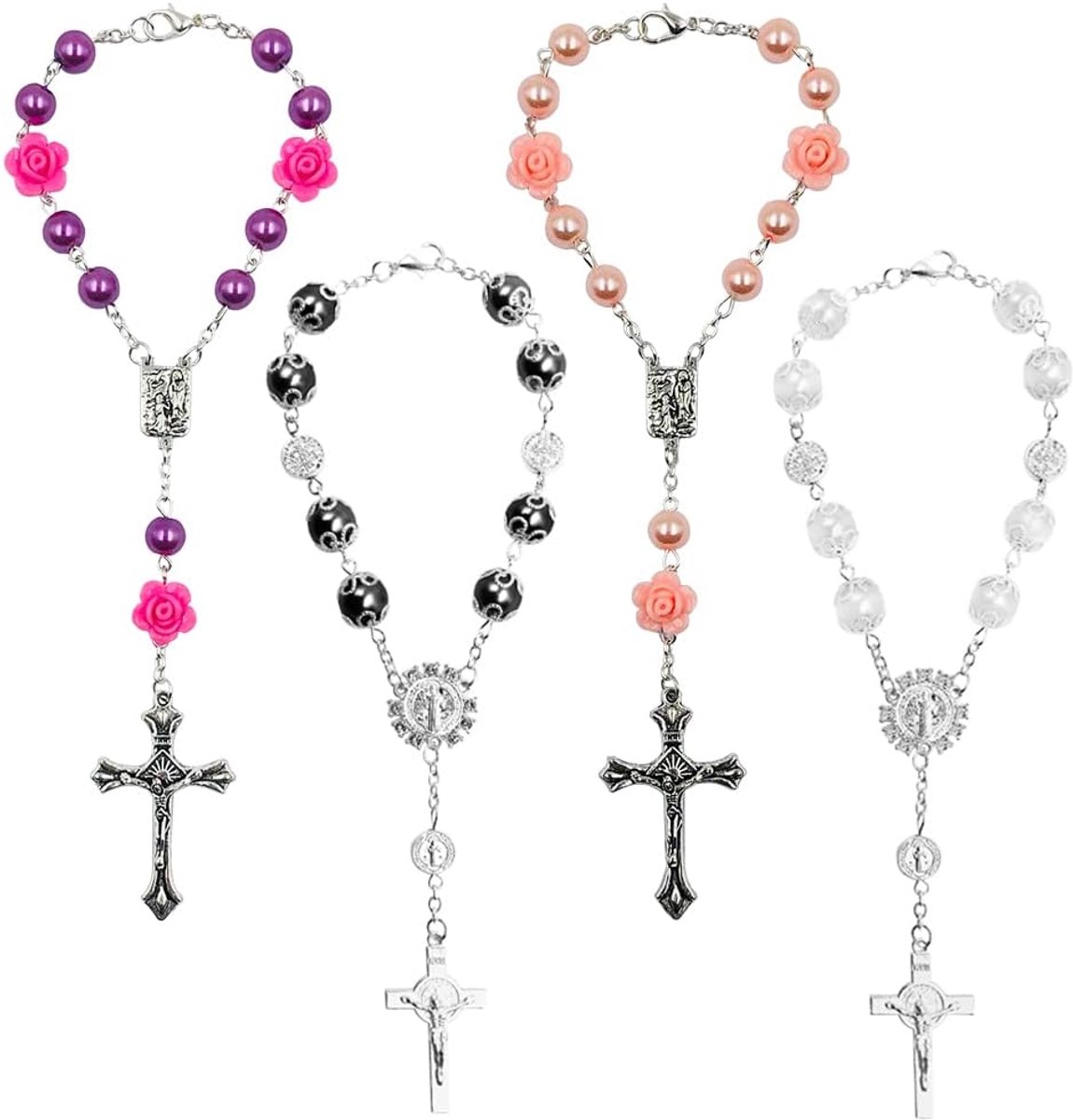 SnelShoppen - Rosary voor Achteruitkijkspiegel, 4 Stuks Kralen, Katholieke Kruis Sieraden voor Auto, Hangsieraad in Roze, Paars, Wit en Zwart