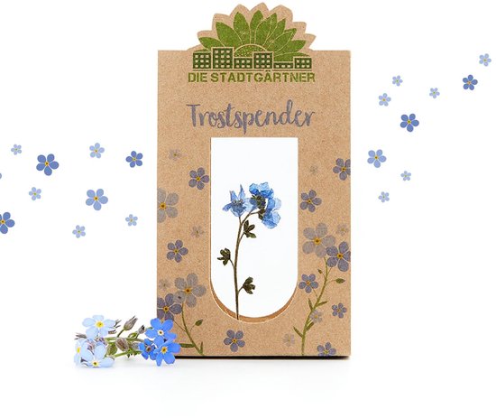Dailygoods- Troostgeschenk Hartelijke Omhelzing - Afscheidscadeau - Handgemaakt - Vergeet-mij-nietjes - Glazen Platen - 100% Natuurlijk - Cadeau